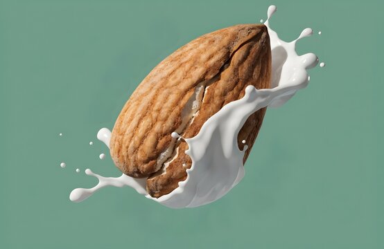Whole almond nut falling into splashing milk against green background