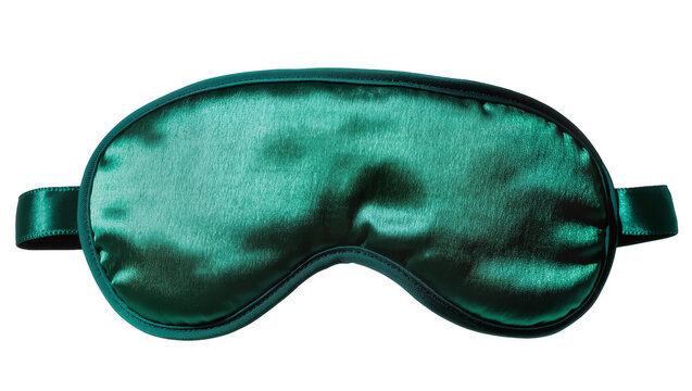 Deep emerald green satin sleep mask with elastic strap, isolated on transparent background