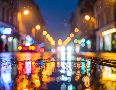 Rainy city night with colorful reflections, dreamy bokeh, cinematic mood, shallow dep 597030
