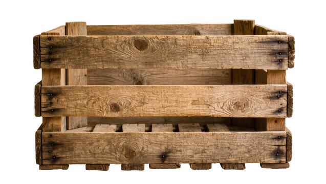 Rustic wooden crate with weathered planks and metal nails, isolated on transparent background