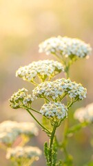 Obraz premium Delicate white wildflowers in golden hour sunlight soft focus background