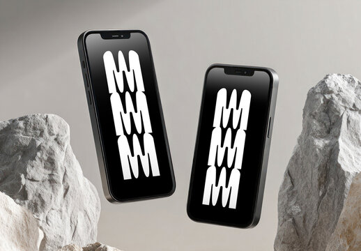 Floating Smartphone Screen Mockups Between Rocks PSD