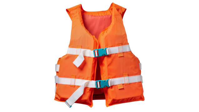 Bright orange life vest with white straps and blue buckles, isolated on transparent background