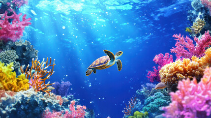 Fototapeta premium Vibrant underwater scene featuring turtle swimming gracefully among colorful coral reefs, showcasing beauty of marine life