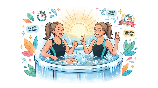 Two sisters relaxing in an ice bath tub outdoors with wellness icons and sunrise illustration
