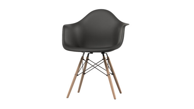 Dark grey molded plastic armchair with wooden dowel legs, isolated on transparent background