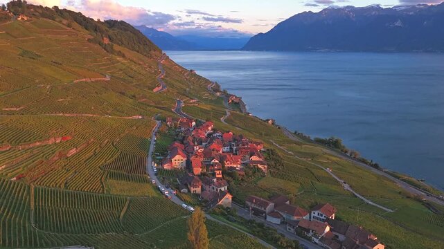 Drone flying over Lavaux vineyards at sunset