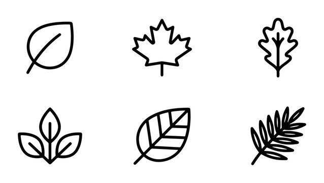 Minimalist Leaf Icons Set, Simple Botanical Vector Graphics, Organic Nature Elements Collection, Clean Outline Plant Symbols
