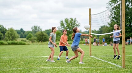 Fototapeta premium Kids playing volleyball outdoors on green grass field in summer 