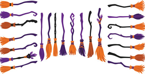 Halloween magic witch broomstick vector icons set isolated on transparent background © Khaleda