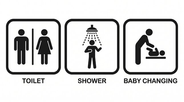 A black and white icon set showing public facilities: a male/female toilet, a shower, and a baby changing station.