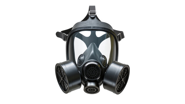 Full face respirator mask with dual cartridges, isolated on transparent background