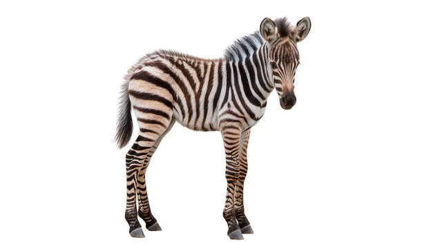 Young zebra foal with black and white stripes, isolated on transparent background