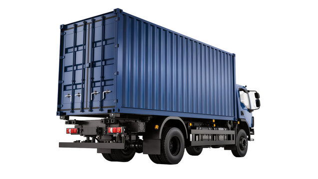Blue shipping container truck with metal doors, isolated on transparent background