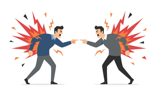 Two men in a heated argument standing face to face with aggressive gestures and fire symbols.