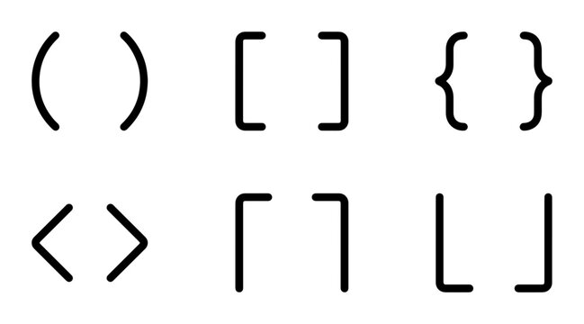Set of 6 Brackets, Punctuation Marks, and Symbols. Geometric Shapes, Typography Elements, Design Icons. Clean Line Art Vector Collection for Web and Print.