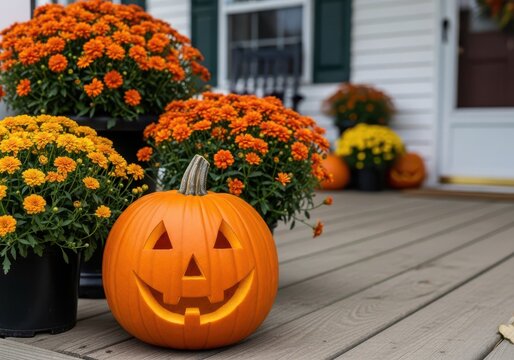 Carved jack o lantern with autumn mums on porch