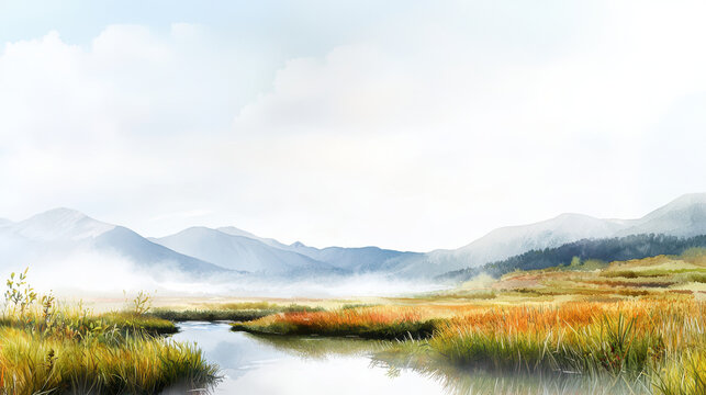 Serene landscape featuring watercolor painting of tranquil marsh with vibrant grasses and distant mountains. scene evokes calmness and beauty