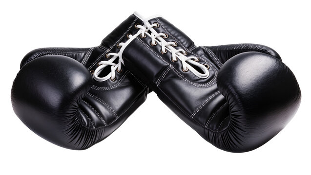 Pair of black leather boxing gloves with white laces, isolated on transparent background