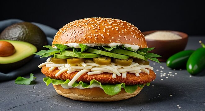  traditional Mexican Cemita Poblana sandwich sitting proudly on a dark gray concrete surface. The sesame-seeded brioche-style egg bun is packed to the limit with a crispy breaded milanesa cutlet, thic