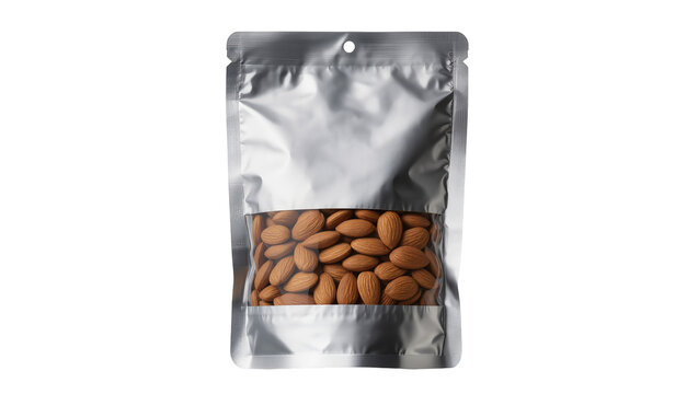 Silver resealable pouch filled with almonds, isolated on transparent background