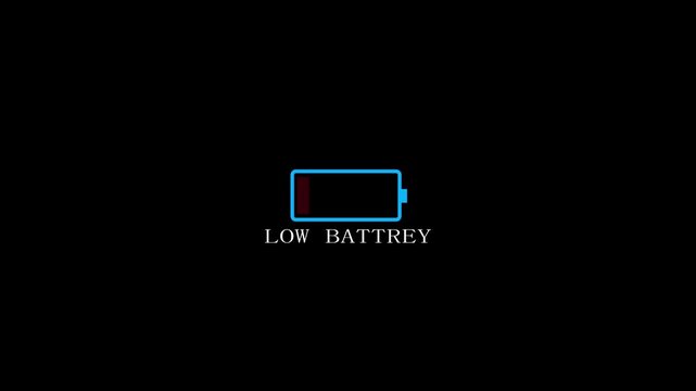 Low battery warning animation on black background, digital power depletion, concept battery power depletion