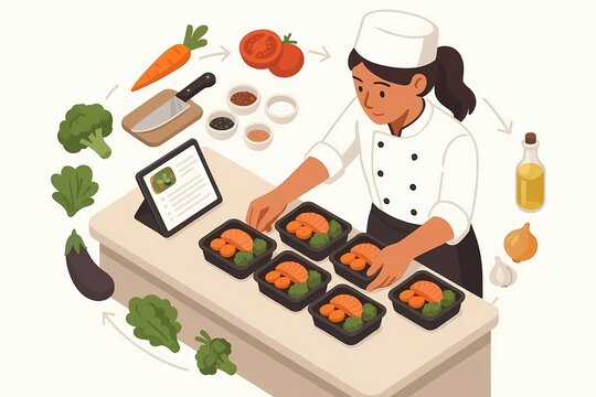 Female chef preparing healthy meal prep delivery boxes in kitchen