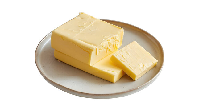 Fresh block of yellow butter cut into pieces on a ceramic plate with ingredient breakfast culinary isolated
