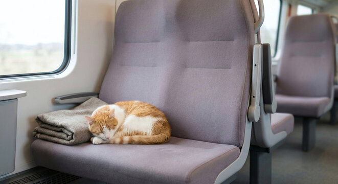Ginger cat sleeping on a train seat. Travel with pet concept.