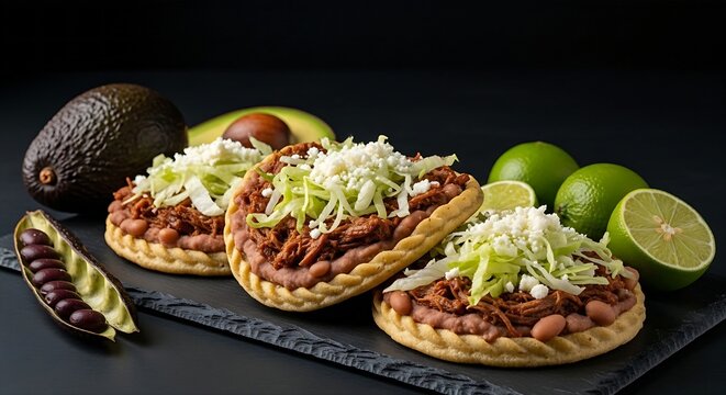 authentic Oaxacan Sopes resting on a dark slate board. The thick, handmade fried masa bases have crimped edges holding a savory layer of seasoned refried pinto beans, succulent pulled beef barbacoa, s