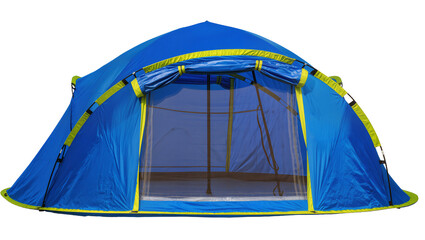 Blue and lime green pop-up camping tent with mesh door, isolated on transparent background © Maria