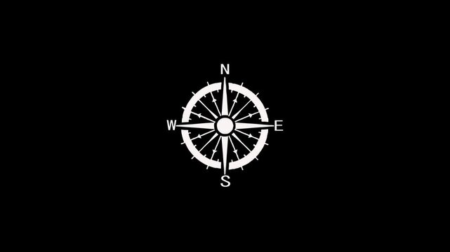 Minimalist compass rose rotating animation on black background, for navigation and, travel concepts direction