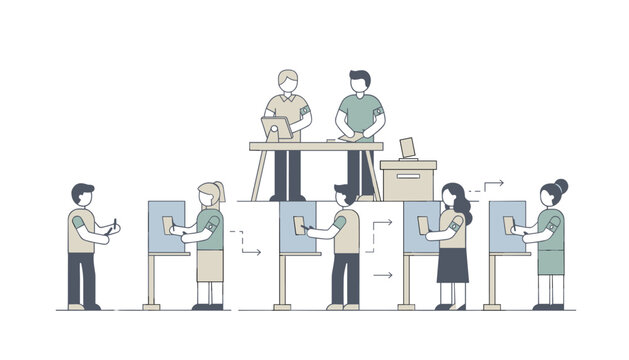 Group of people participating in an organized voting process standing at individual stations to mark ballots under the supervision of officials.