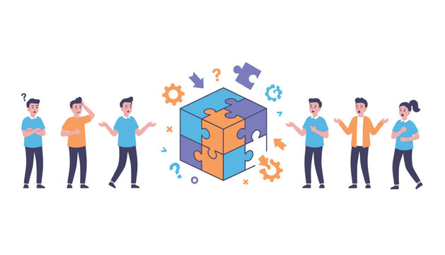 Diverse group of people standing around a large cube assembled from jigsaw puzzle pieces representing complex problem solving.