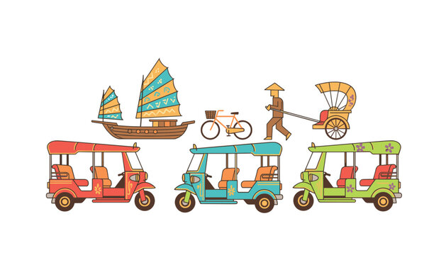 Collection of traditional Asian transportation icons featuring a sail boat, bicycle, and rickshaw in a flat vector style.