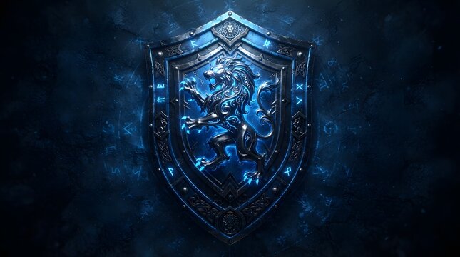 Fantasy blue shield with lion emblem on dark textured background