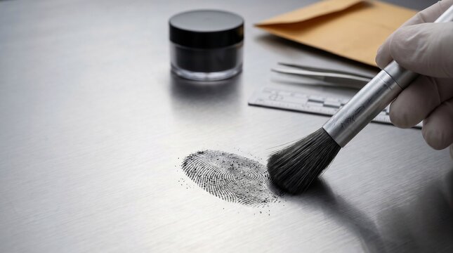 Forensic Specialist Dusting Fingerprint on Metal Surface During Crime Scene Evidence Processing