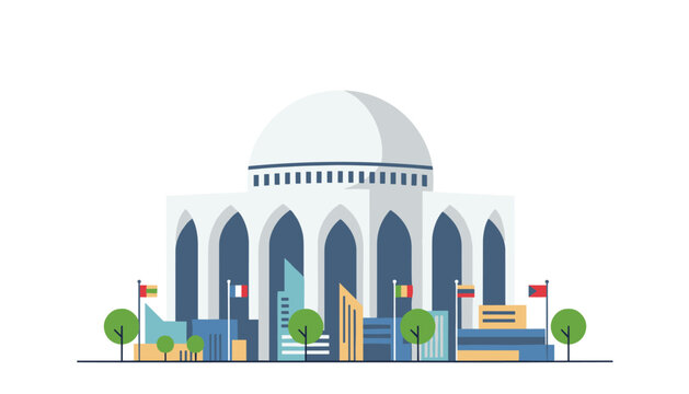Modern building with a large central dome and small flags surrounded by city infrastructure and stylized trees.
