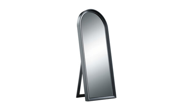 Tall arched black framed mirror with easel stand, isolated on transparent background