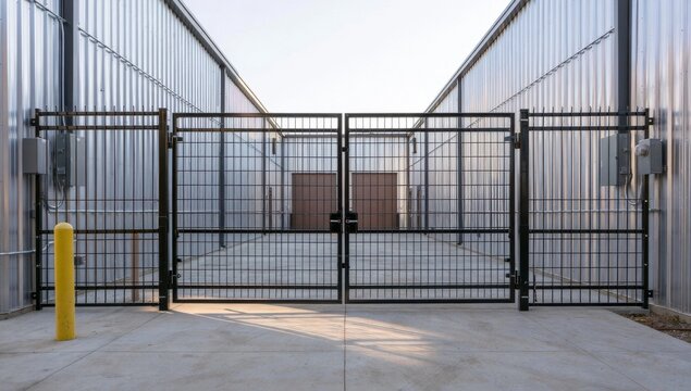 Black metal double security gate between industrial buildings with yellow bollard