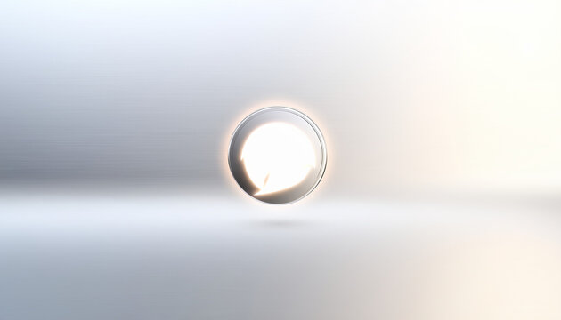 A glowing spherical orb with a reflective rim centered on a smooth, gradient white and grey background, creating a minimalist and abstract composition.