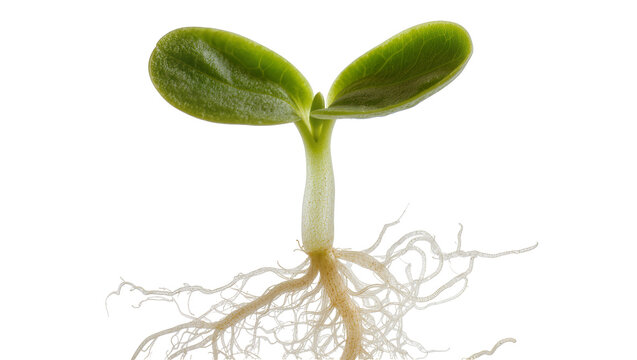 Green seedling with visible roots, isolated on transparent background
