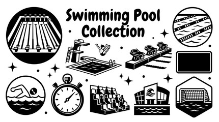 swimming facilities featuring olympic pools diving pools starting blocks lap lanes timing systems spectator seating and aquatic sports venues arranged as a premium commercial vector illustration set © Ethan