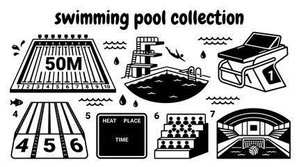 swimming facilities featuring olympic pools diving pools starting blocks lap lanes timing systems spectator seating and aquatic sports venues arranged as a premium commercial vector illustration set © Ethan