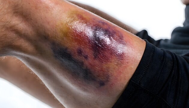 Quadriceps muscle contusion on anterior thigh of athletic male. Close-up clinical photo of deep tissue bruise from sports injury, white background.