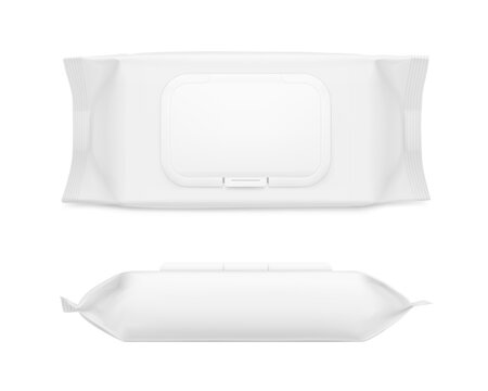 Wet wipes flow package mockup set with realistic flap. 3D hight realistic vector illustration isolated on white background. Scalable without lose quality. Ready layered template for your design. EPS10