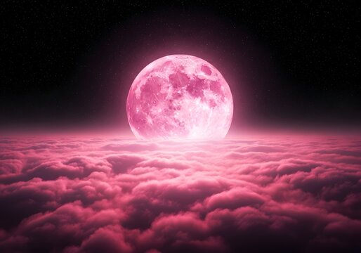 Surreal pink supermoon glowing over a dreamlike sea of clouds under a starry night sky
