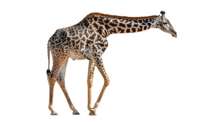 Tall spotted giraffe walking with head down, isolated on transparent background © Maria