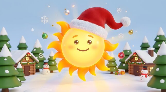 Cheerful sun wearing Santa hat in snowy Christmas village scene