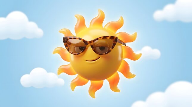 Smiling sun wearing sunglasses in a bright blue sky